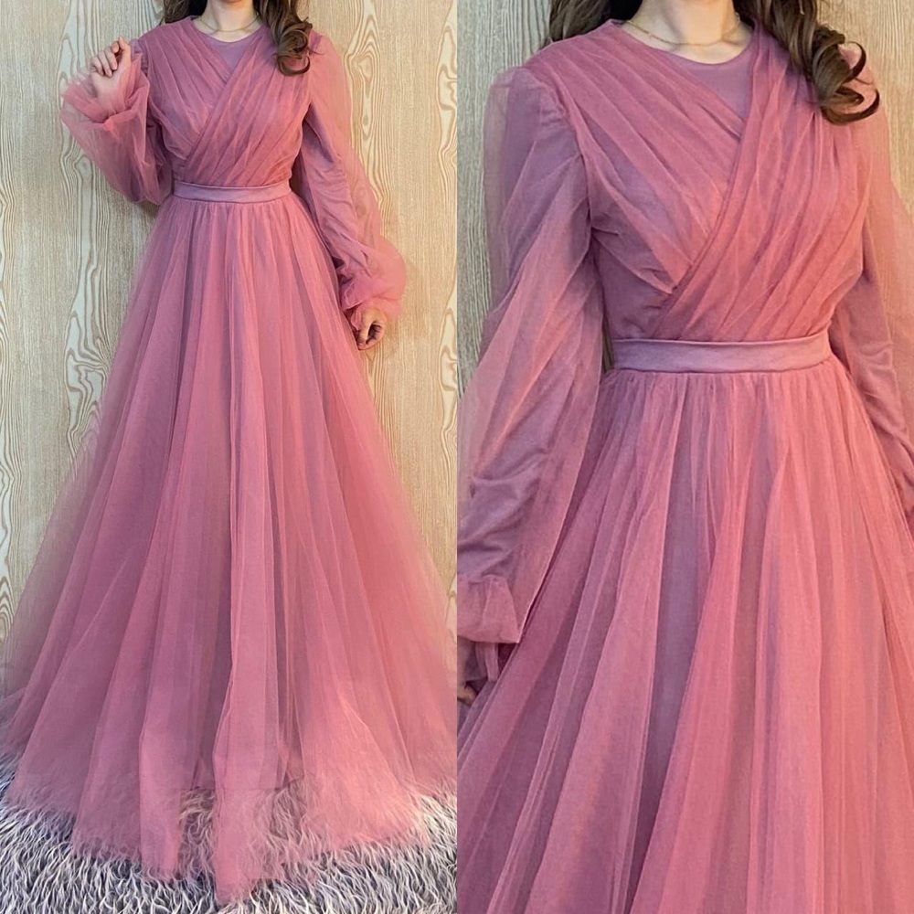 Modest dusty pink long prom dress/gown full sleeve size xl